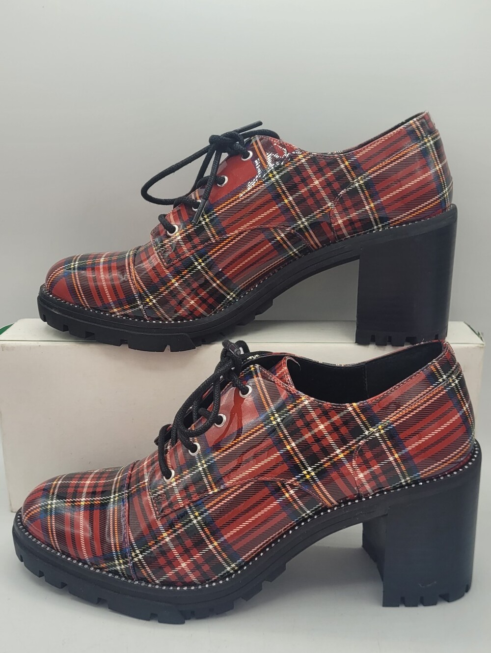 Jessica Simpson Resina red plaid Tartan chunky 3.25" heel oxfords - Picture 2 of 16